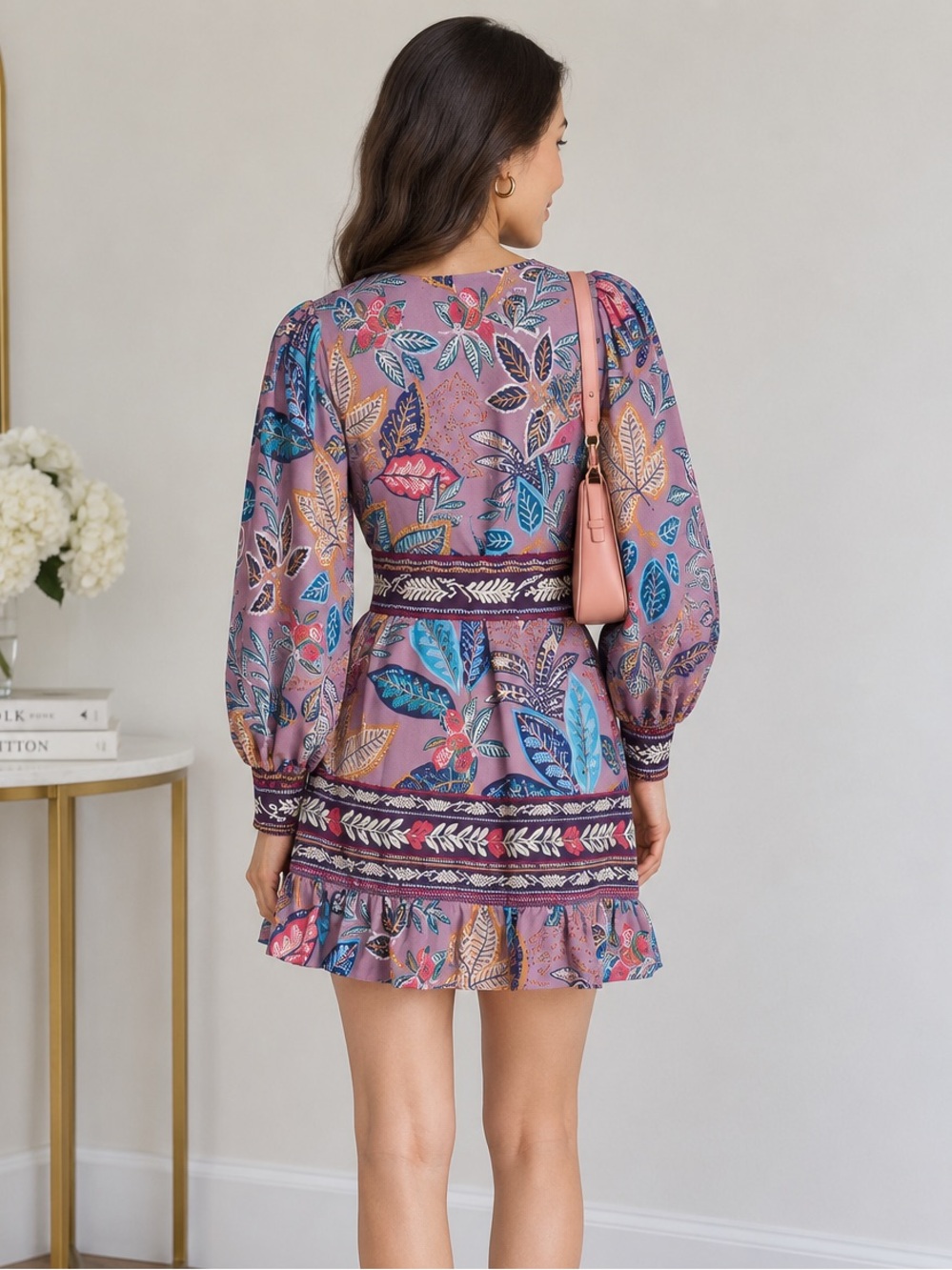 Farm Rio Floral Print Lavender Puff-Sleeve Belted Crepe Mini Dress size SMALL